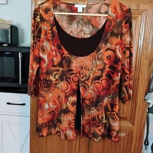 Dress Barn Orange & Brown Floral-Print Layered Scoop-Neck Tunic